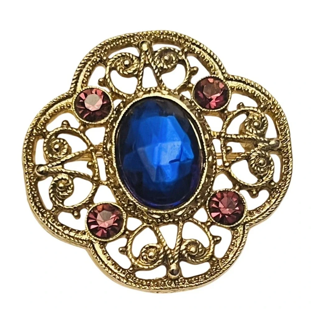 Brooch Pin‎ Gold Tone Ornate Jeweled Rhinestone VTG 1928 Co Rare Byzantine Blue